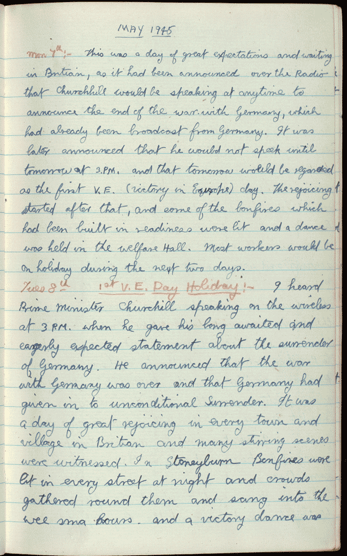 The entry for William Paton's diary for the 7th to the 9th May 1945 (first page), recording the Victory in Europe celebrations. National Records of Scotland reference: NRAS 4107/10 p.21